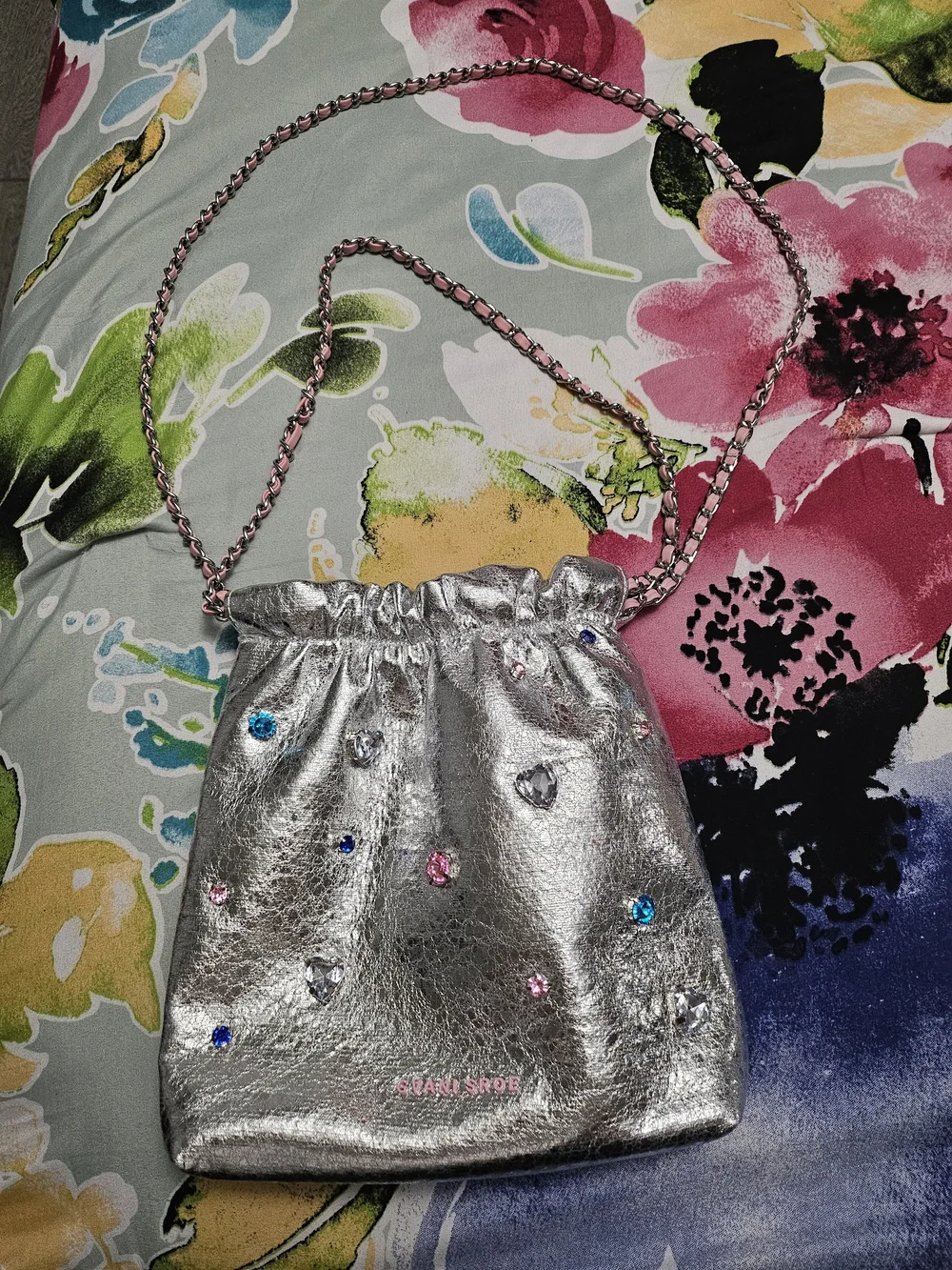 Jane & York Silver Metallic Crystal-Embellished Crossbody with Pink Trim